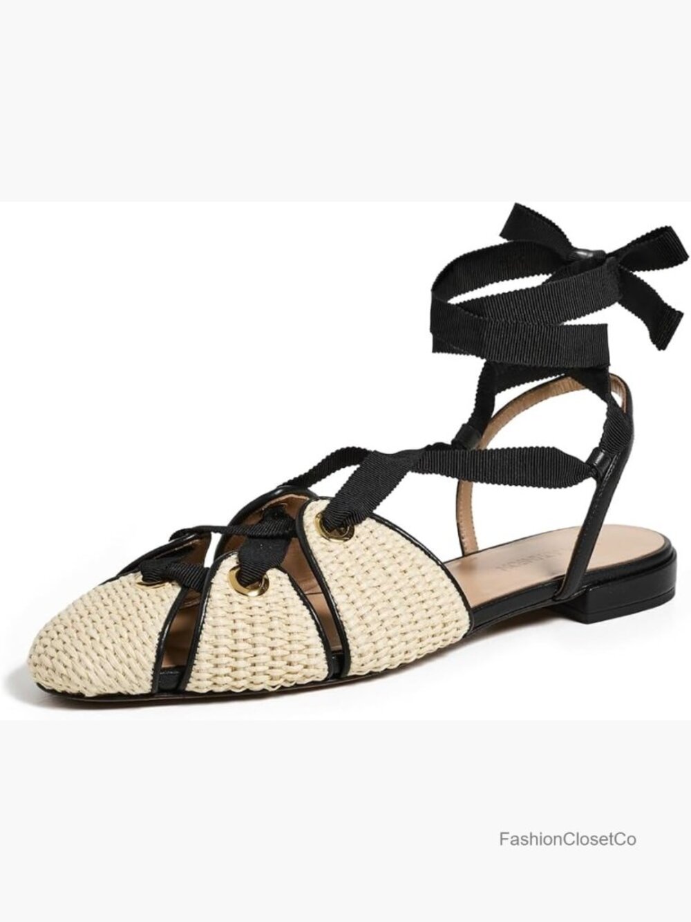 Eyelet Flat Sandals with Raffia Upper, Leather Sole - Picture 1 of 5